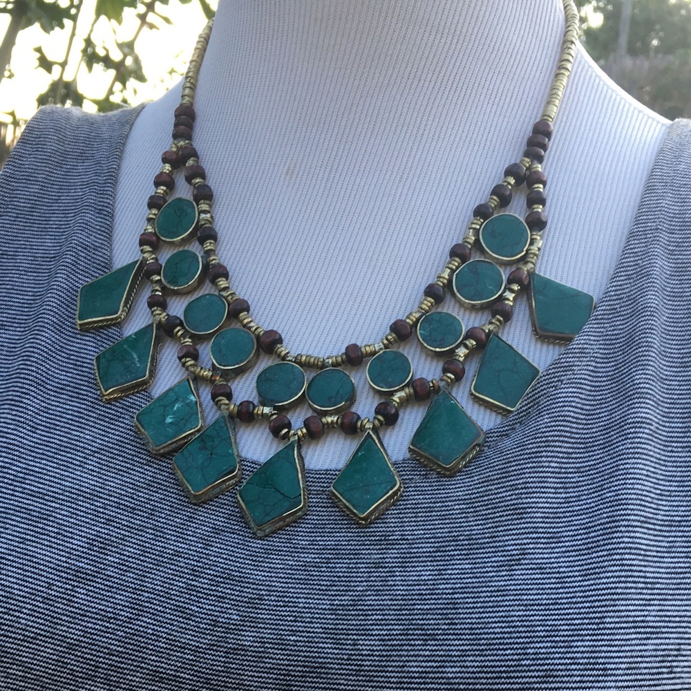 Boho statement necklace-gold and turquoise stones
